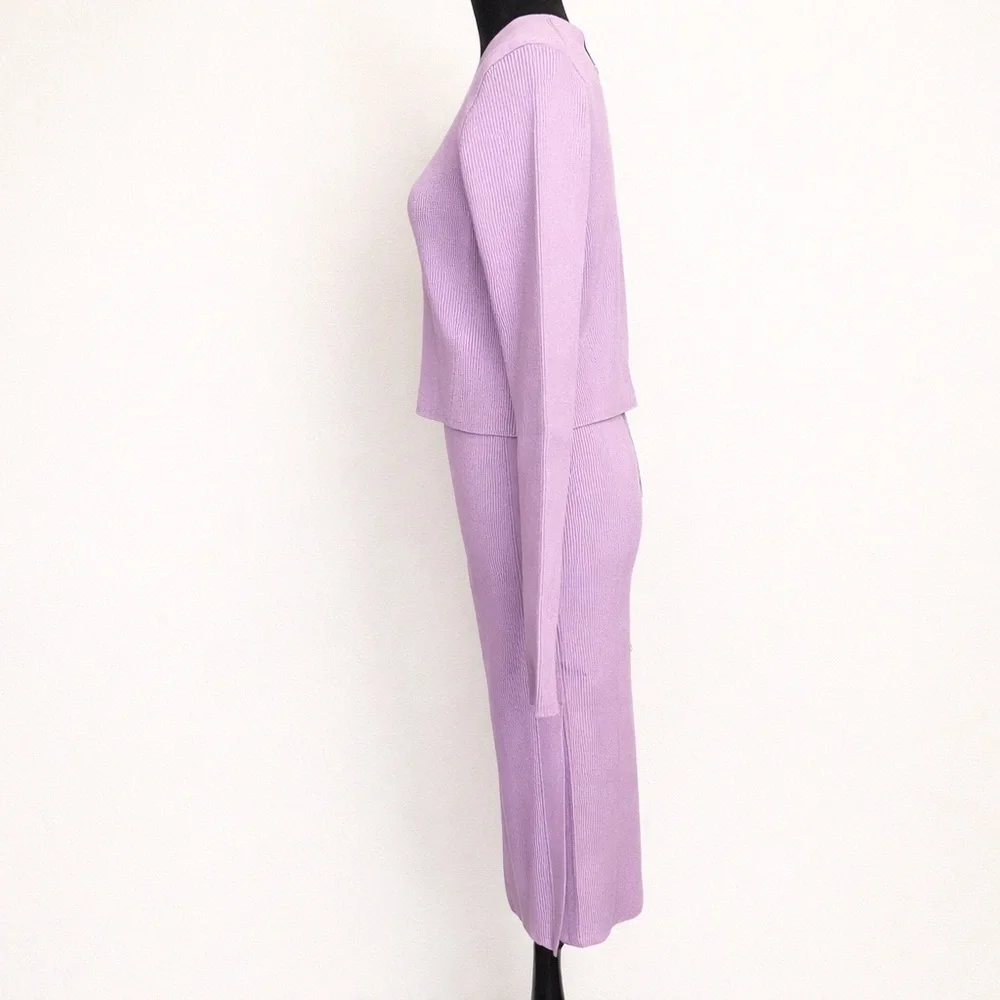 GSTQ Lilac Ribbed Knit Skirt Set Quiet Luxury NWT M/L